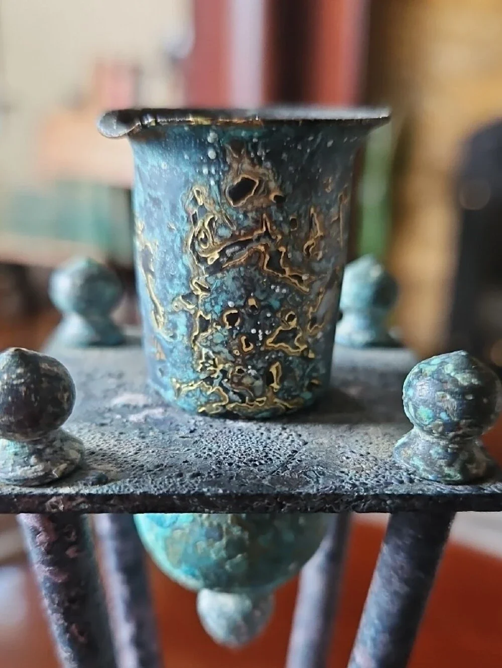 VTG Postmodern Memphis Style Verdigris Metal Candlestick Holder